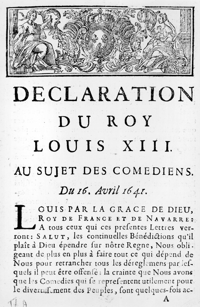 Declaração de Luís XIII (1601-43) sobre os comediantes, 16 de abril de 1641 de French School