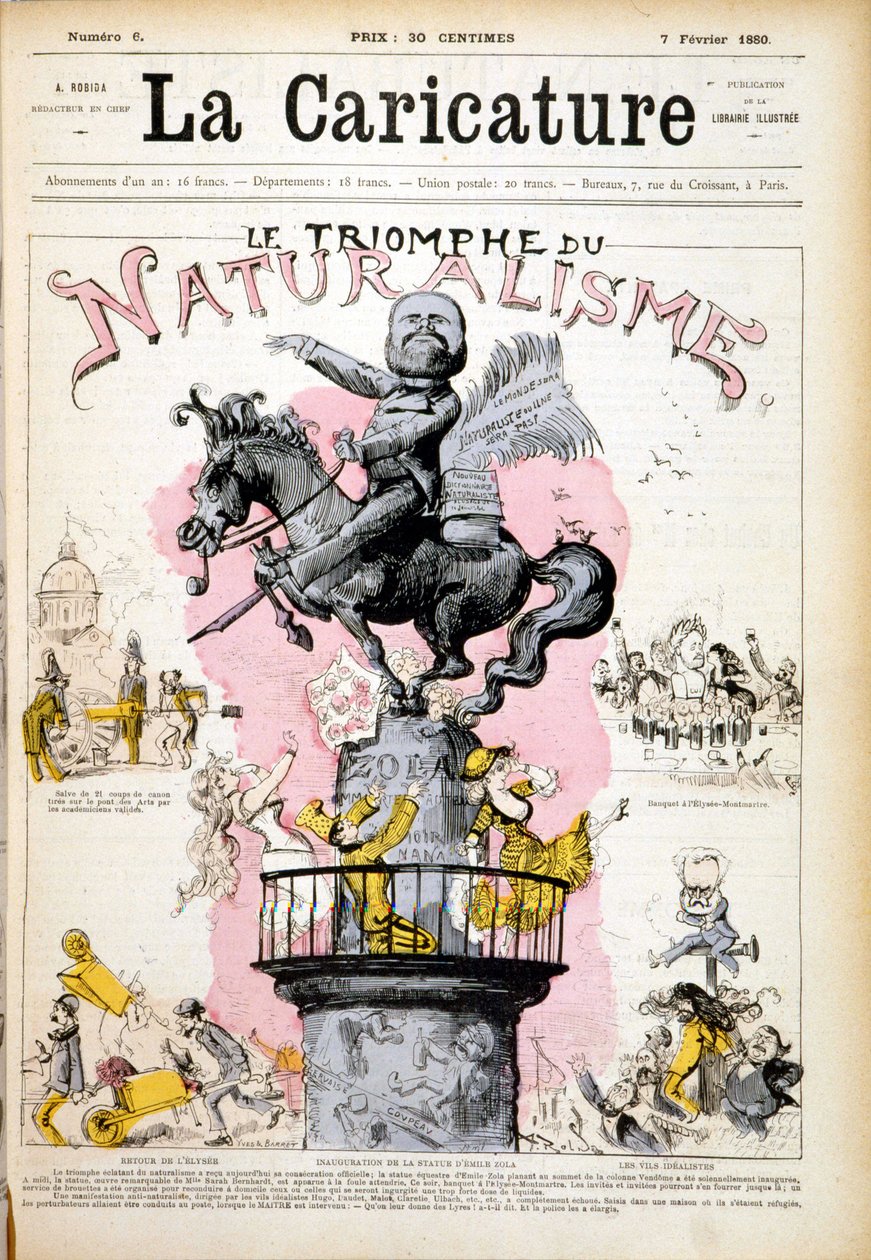 Estátua de Emile Zola, "O Triunfo do Naturalismo" - em "A Caricatura" de 02/07/1880. de French School