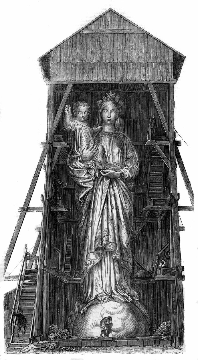 Estátua de Notre Dame de France em Puy en Velay (Puy-en-Velay) no Haute Loire (43): modelo da estátua a ser derretida a partir do ferro dos cânones tirados em Sebastopol. A estátua foi concluída em 1860 e tinha 16m de altura. A partir de uma fotografia. Gr de French School
