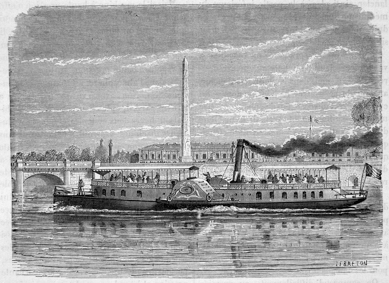 Barco a vapor (com rodas) destinado a fazer o serviço omnibus no Sena em Paris durante a Exposição Mundial de 1867 - gravura, final do século XIX de French School