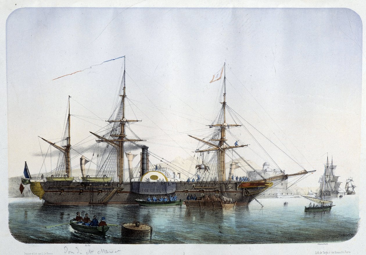 Fragata a vapor no porto de Toulon, por volta de 1850 de French School