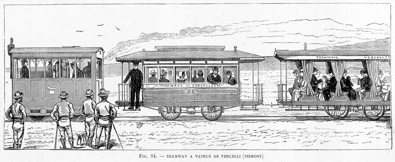 Bonde a vapor de Vercelli (Piemonte) - em "As novas conquistas da ciência", de Louis Figuier de French School