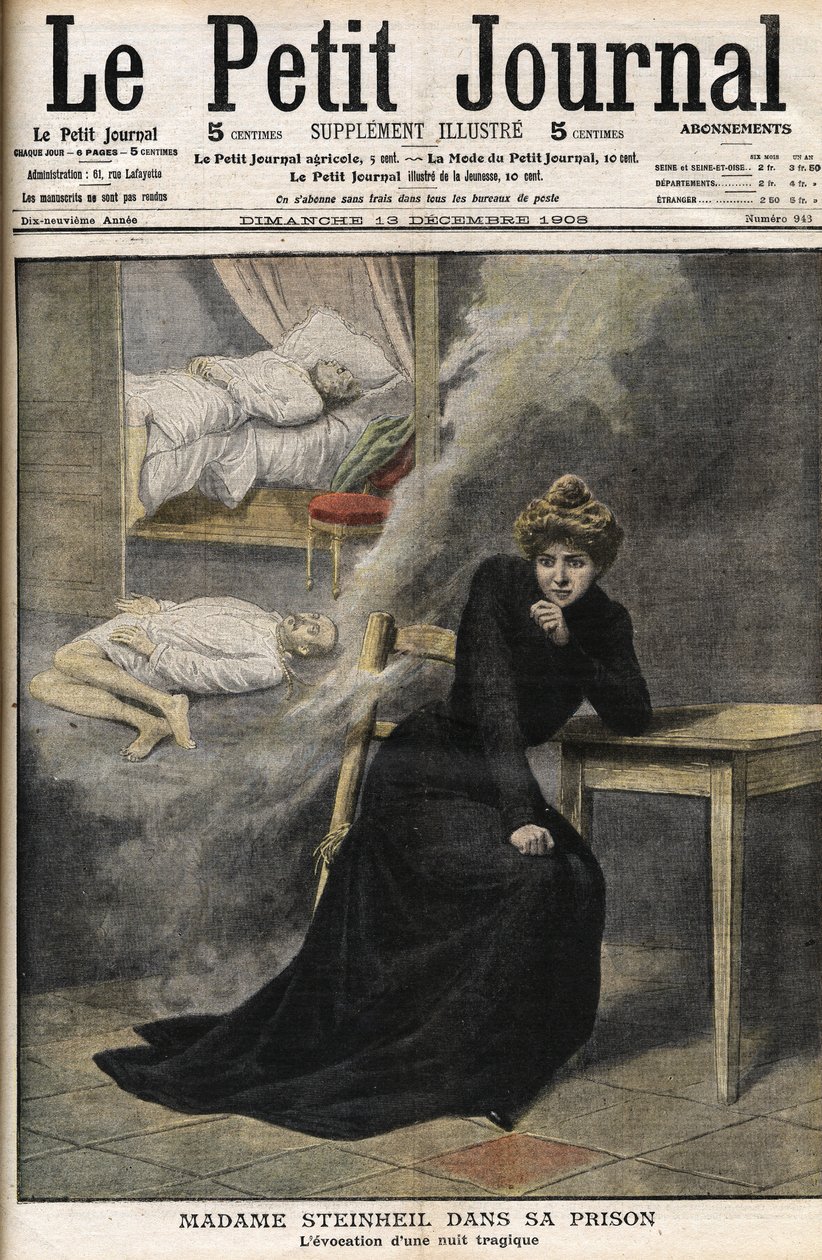 Caso Steinheil: Marguerite Steinheil (1869-1954) na sua prisão - Le Petit Journal, Dezembro de 1908 (gravura) de French School
