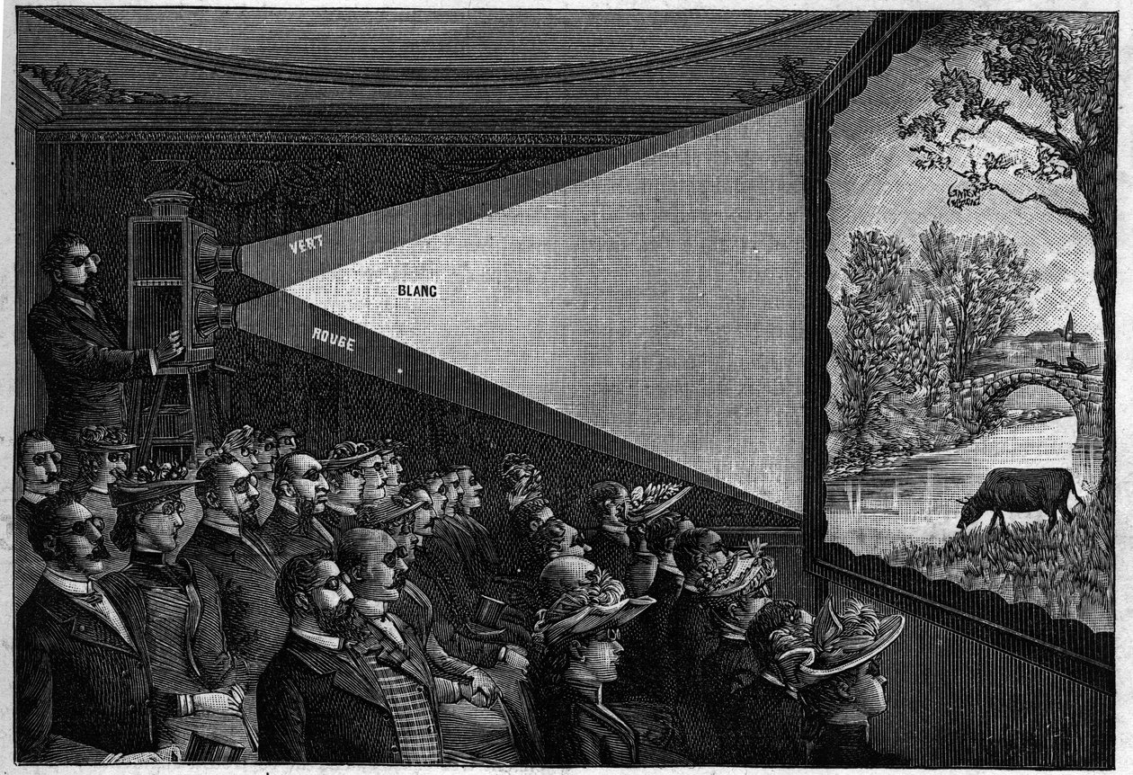 Projecções estereoscópicas: Os raios de luz em cores diferentes sobrepõem-se ao ecrã. Os espectadores usam lentes oculares e óculos coloridos. Gravação em "La Nature". Revue des sciences et de ses applications aux arts et a l