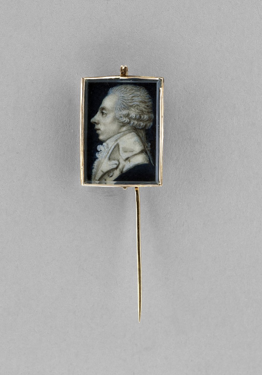 Stickpin com Retrato de um Homem, c.1780 (aguarela em marfim, gesso, velino, ouro 23k, cabelo e vidro) de French School