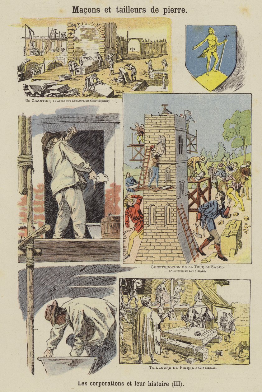 Canteiros e pedreiros (litografia a cores) de French School