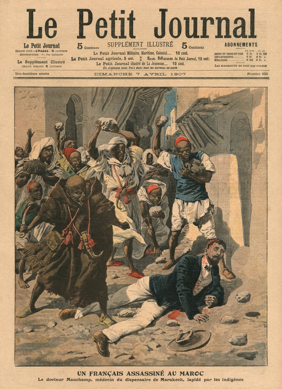 Apedrejamento do médico francês Mauchamp em Marrocos, ilustração de &39;Le Petit Journal&39;, suplemento ilustre, 7 de abril de 1907 de French School
