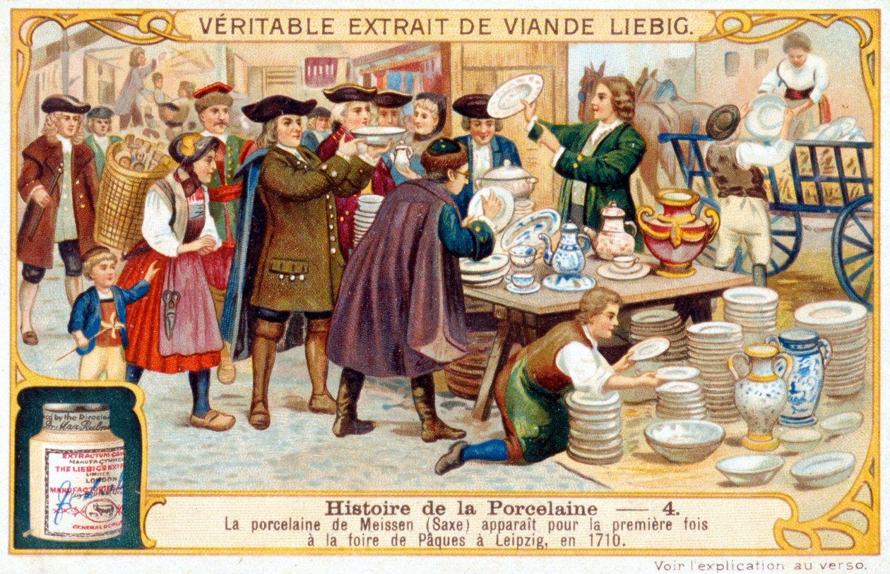 História da Porcelana n.º 4: A porcelana de Meissen (Saxónia) apareceu pela primeira vez na Feira da Páscoa em Leipzig, em 1710. Cromolitografia de Liebig de French School