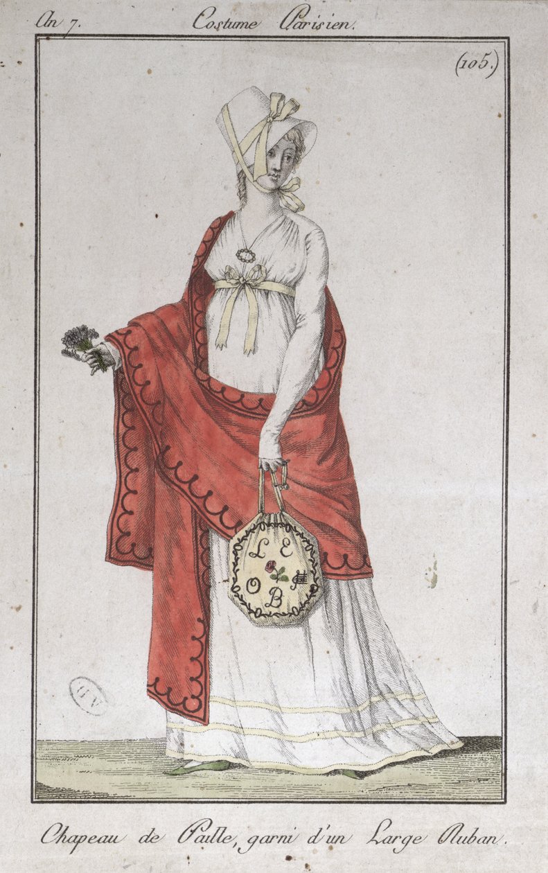 Chapéu de palha com uma fita, moda placa de trajes parisienses, 1799 de French School