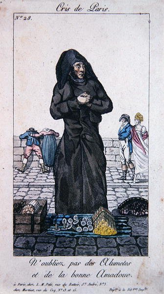 Vendedor ambulante de fósforos e madeira de parentesco, início do século XIX (gravura a cores) de French School