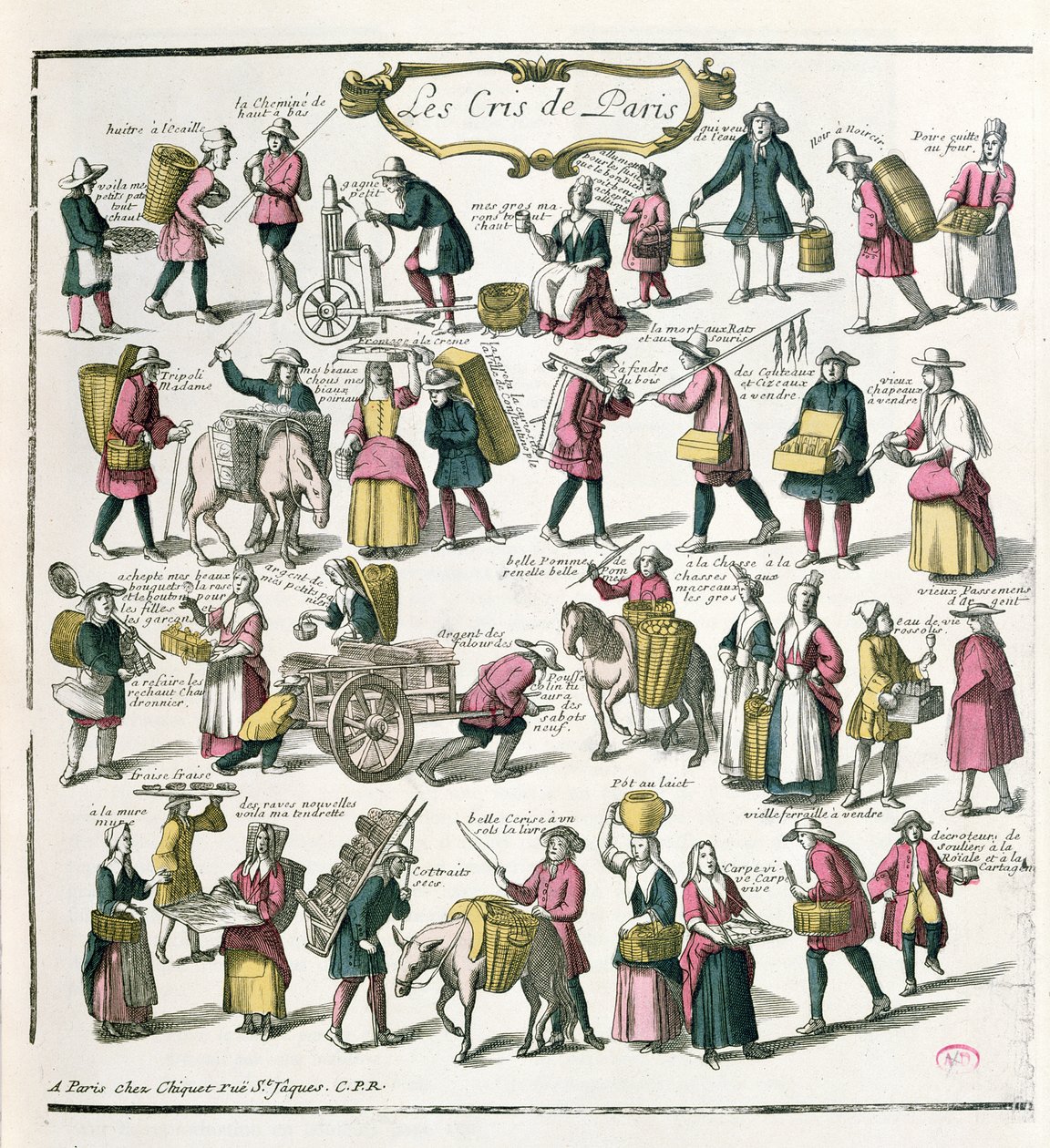 Vendedores ambulantes em Paris, final do século 17 (gravura a cores) de French School
