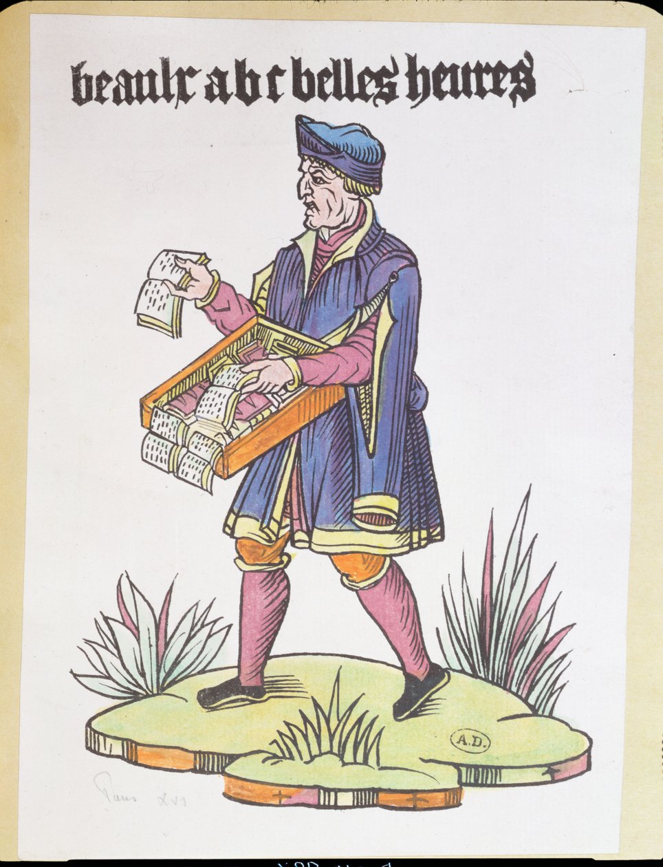 Vendedor ambulante vendendo primers de alfabeto e livros, de Cris de Paris, c.1515 (gravura em madeira colorida) de French School