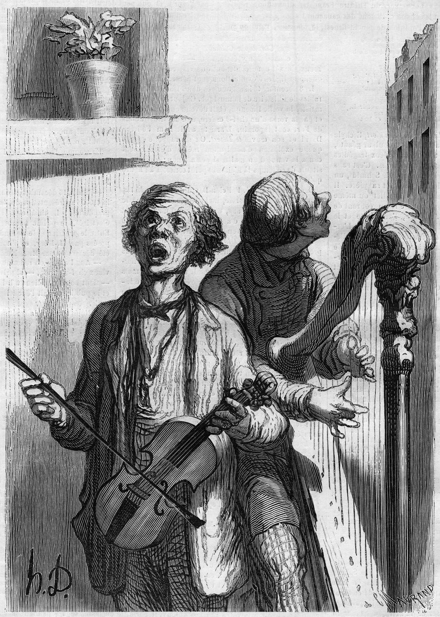 Cantores de rua. Cartoon de Honore Daumier (1808-1879). Gravura em "Le Monde Illustré" n°297 de 20 de Dezembro de 1862. de French School