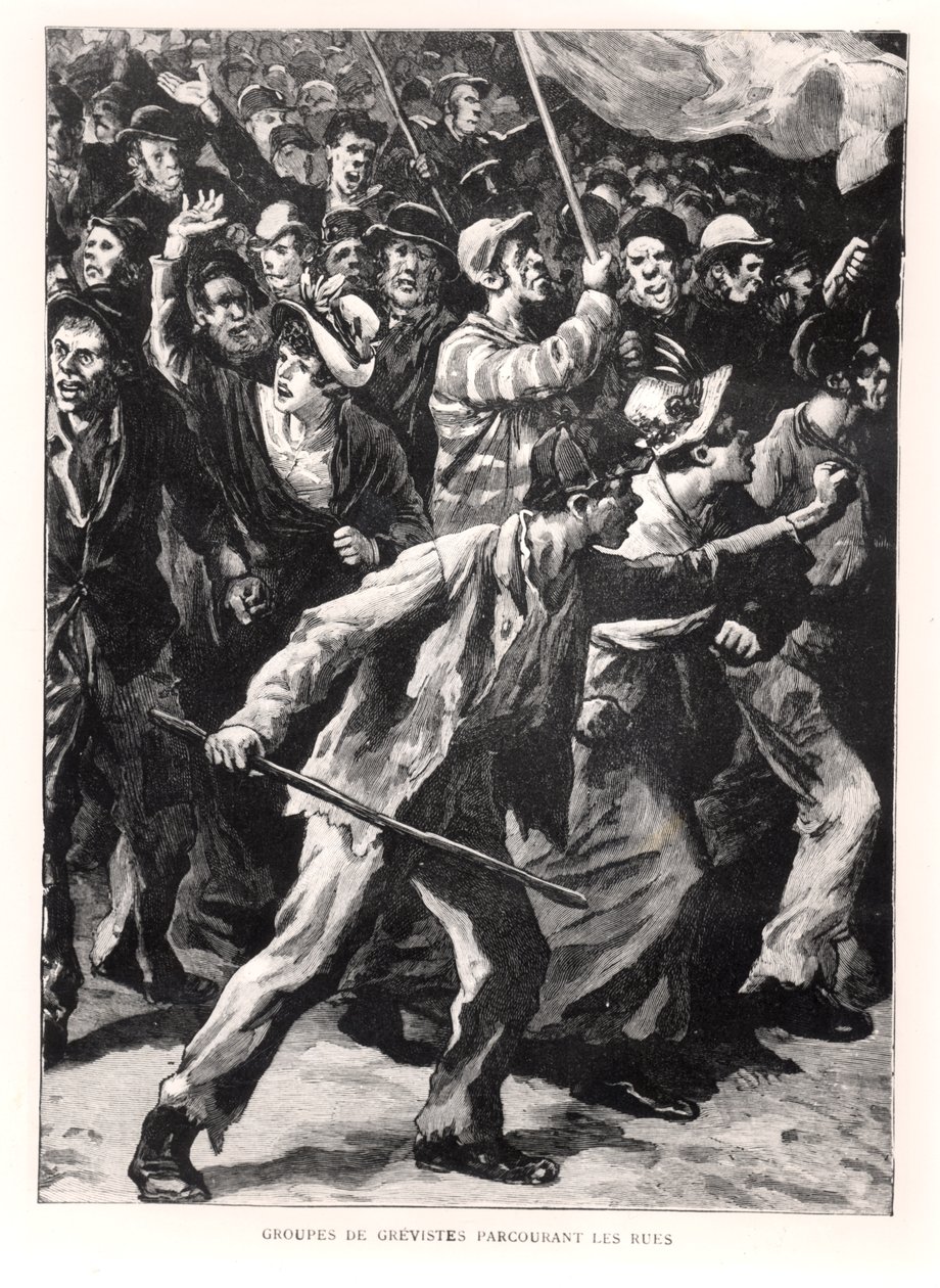 Grevistas demonstrando nas ruas de Chicago durante os motins Pullman de 1894, c.1895 de French School
