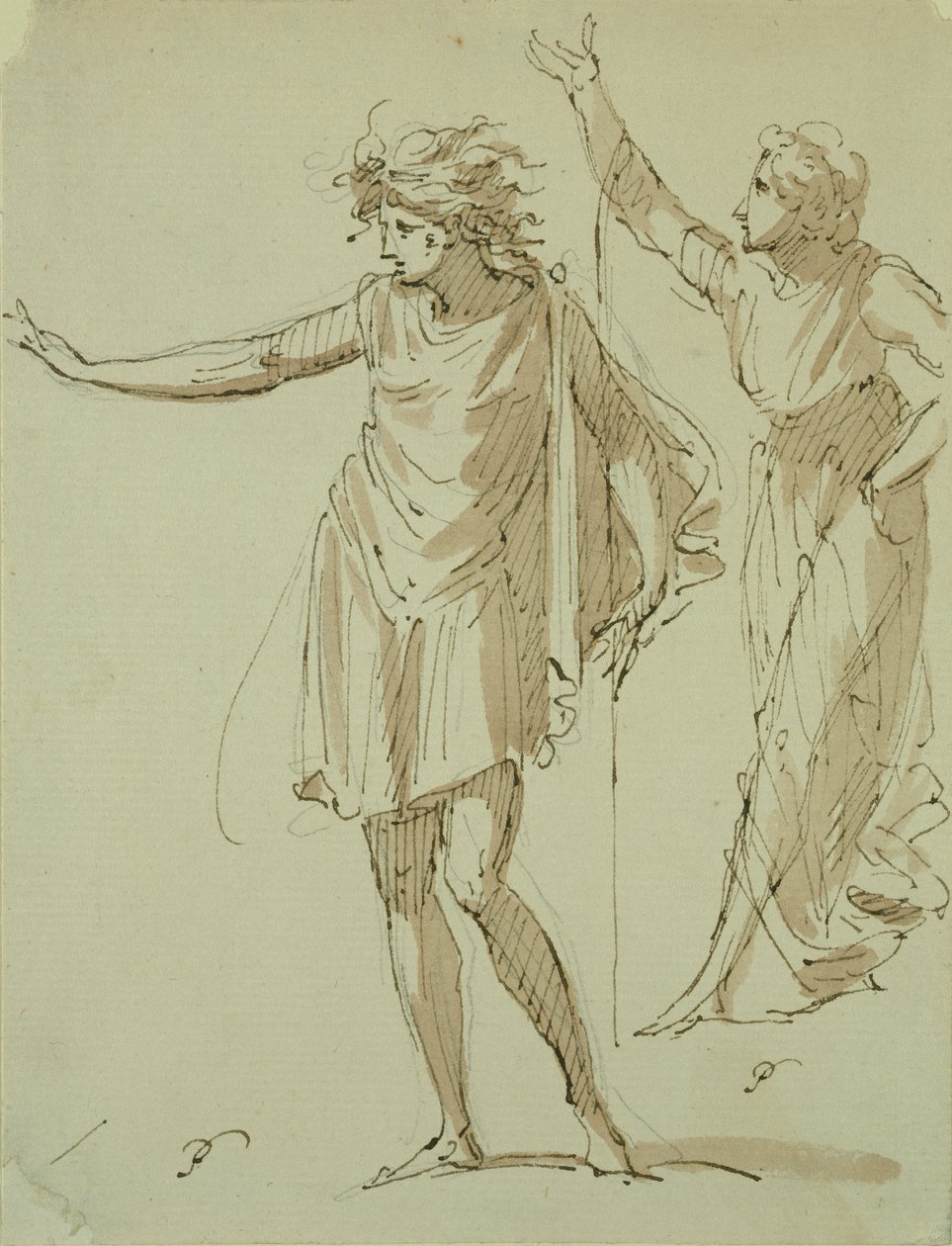 Estudo de duas figuras drapeadas de forma clássica, c.1790 (caneta e tinta e papel lavado) de French School