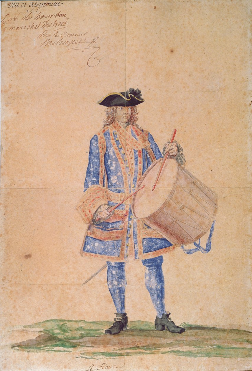 Estudo do uniforme de um capitão da marinha estacionado em Le Havre, 1718 (lápis, bodycolour e wc em papel pardo) de French School