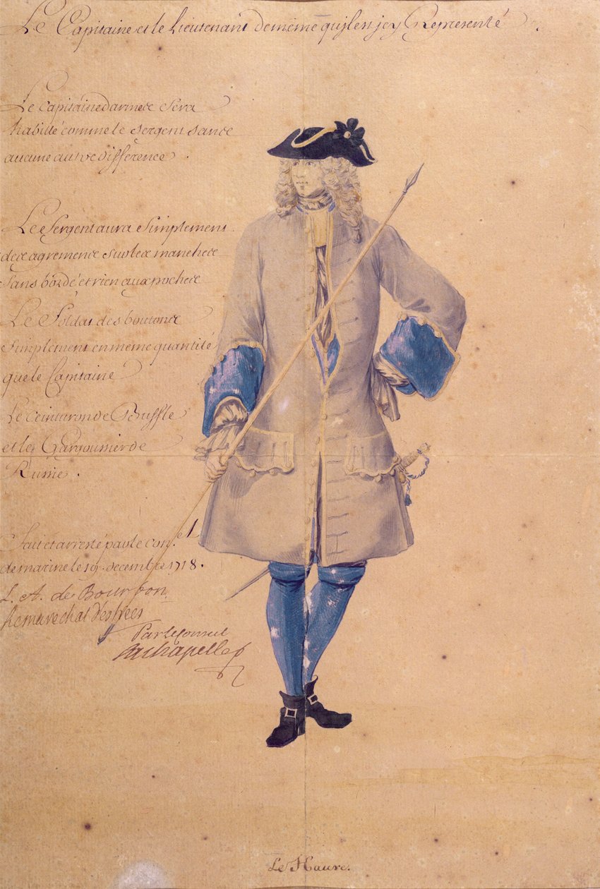 Estudo do uniforme de uma marinha estacionada em Le Havre, 1718 (lápis, bodycolour e wc em papel pardo) de French School