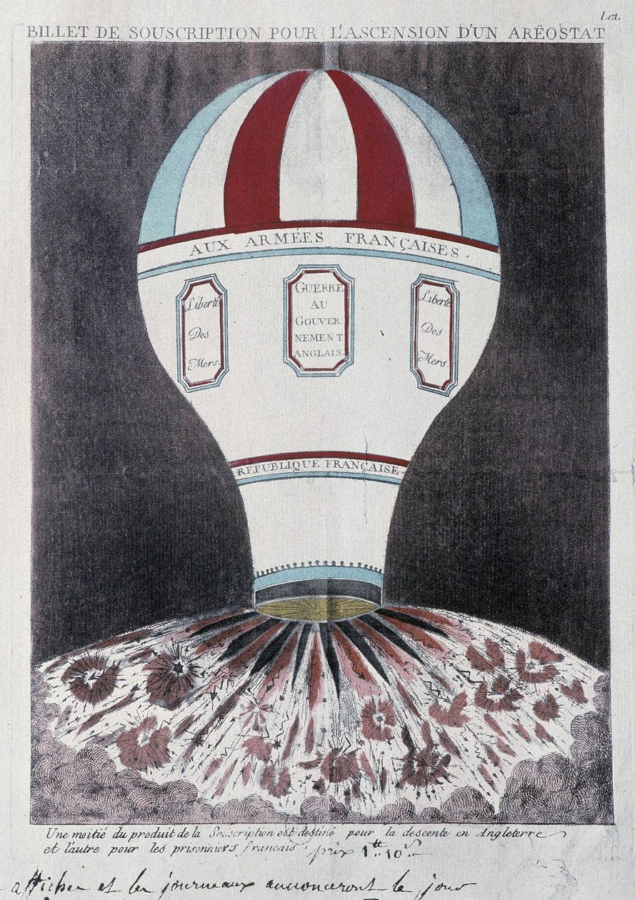 Bilhete de assinatura para a ascensão de um aerostato para invadir a Inglaterra, deb. Século XIX de French School