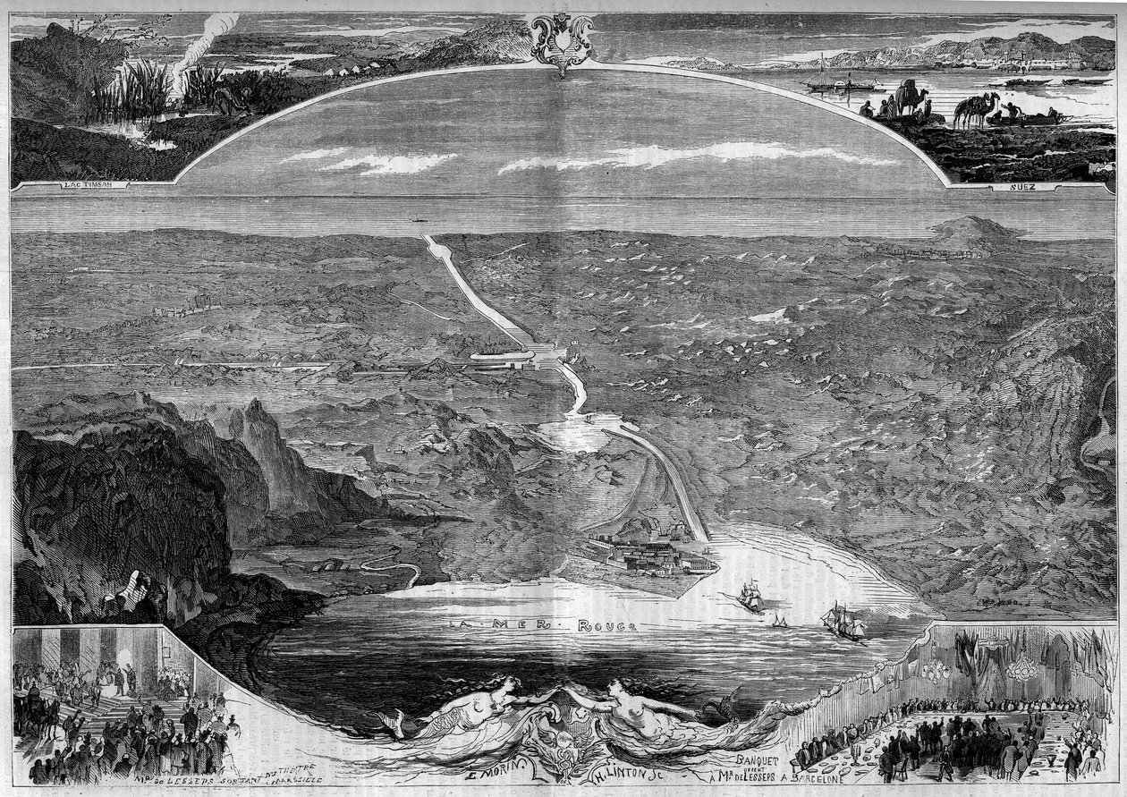 Canal do Suez: vista panorâmica do buraco do Istmo do Suez (Egipto), que começou a ser construído em 1859. Gravura de Morin em "The Illustrous World" n°84 de 20 de Novembro de 1859 de French School