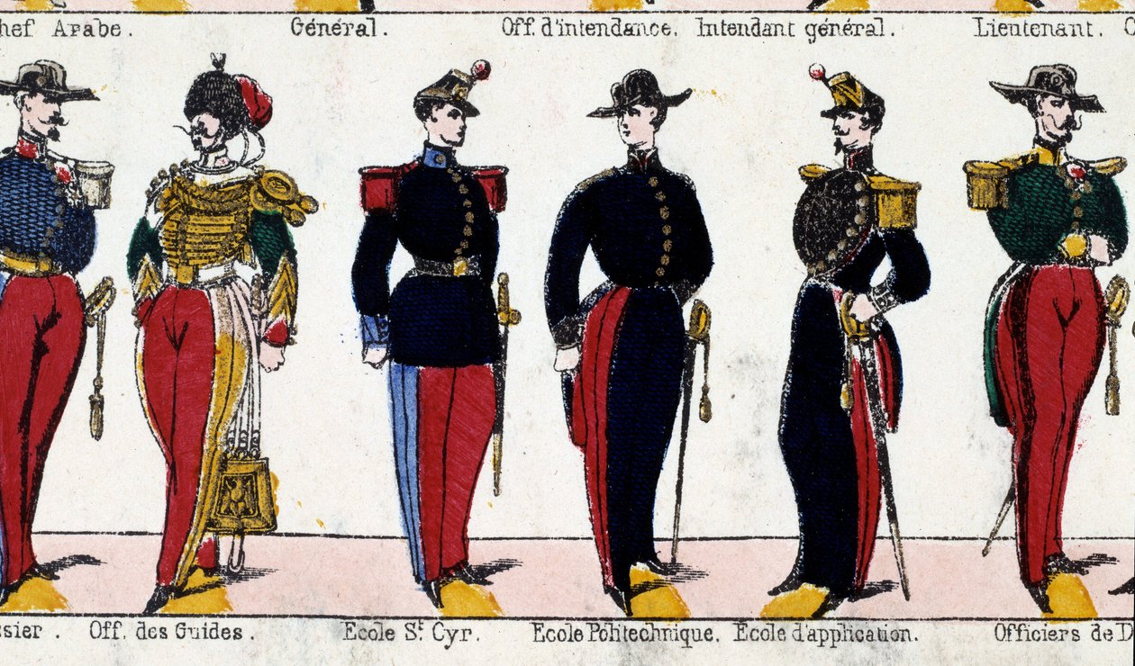 Fatos para estudantes do oficial de guias, da escola de Saint Cyr, da Polytechnique e da escola de aplicação. Gravura do século XIX. Paris, Musee Carnavalet de French School