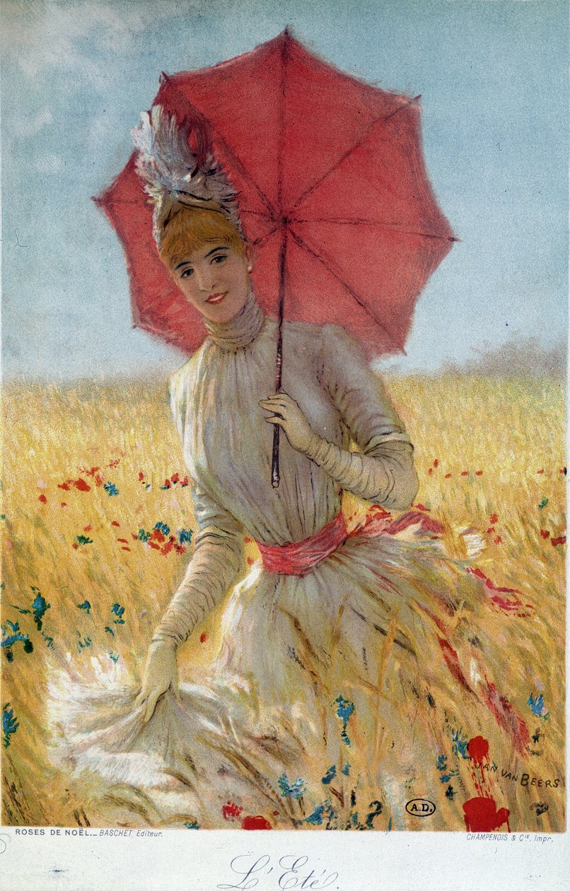 Verão: jovem mulher com um guarda-chuva num campo de trigo - desenho, final do século XIX de French School