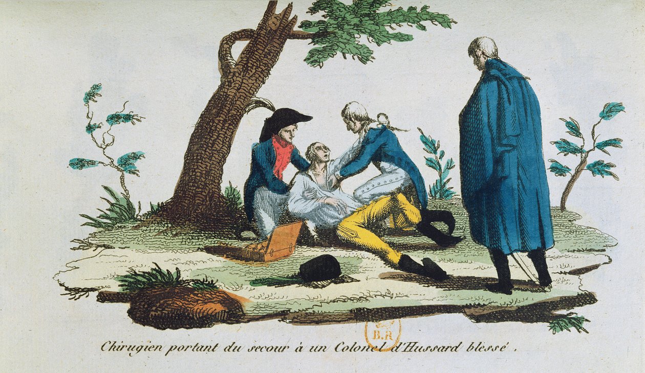 Cirurgião operando em um coronel dos hussardos no campo de batalha de French School