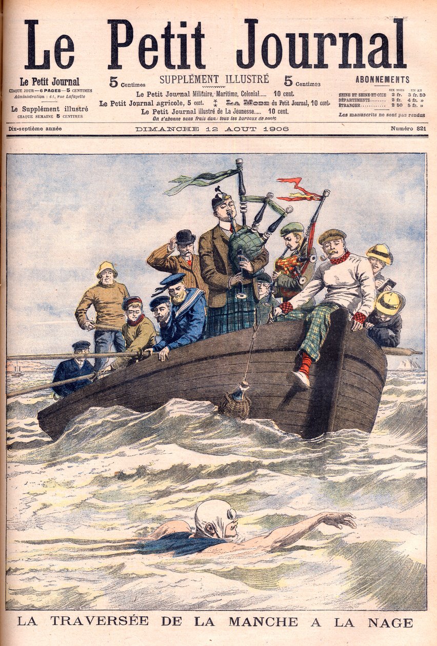A nadar no Canal da Mancha. O inglês Jabez Wolffe fazendo a primeira de suas 22 tentativas fracassadas de atravessar o Canal da Mancha a nado. La traversee de la manche a la swim by Jabez Wolffe (1877-1943) - Ilustração para Le petit Journal de French School