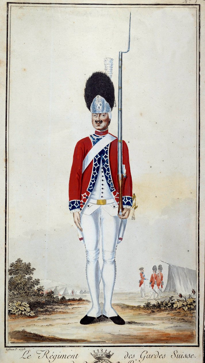 Guarda Suíça. Placa 16 no "Compêndio de Fardas militaires des troupes francaises sous Louis XVI" Litografia de 1779. Dim. 0,23x0,16 m. Paris, Musee de l