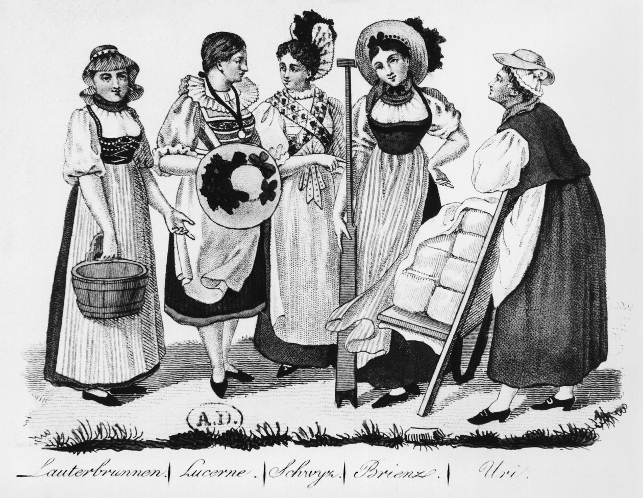 Mulheres suíças em traje tradicional de French School