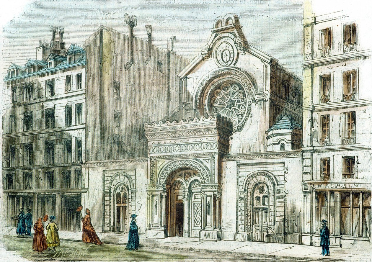 Sinagoga na Rue de la Victoire, Paris, c.1880 (gravura a cores) de French School