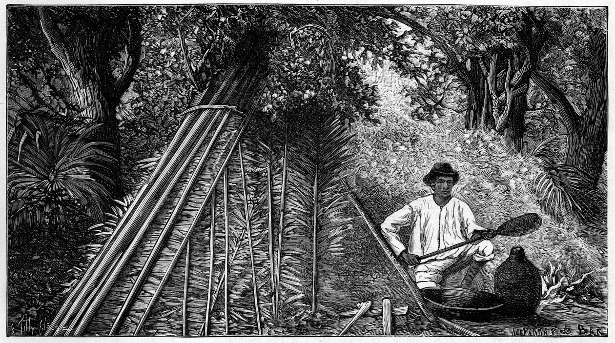O Syringuero se dedicava a fumar látex formando borracha. Gravura de 1898. de French School