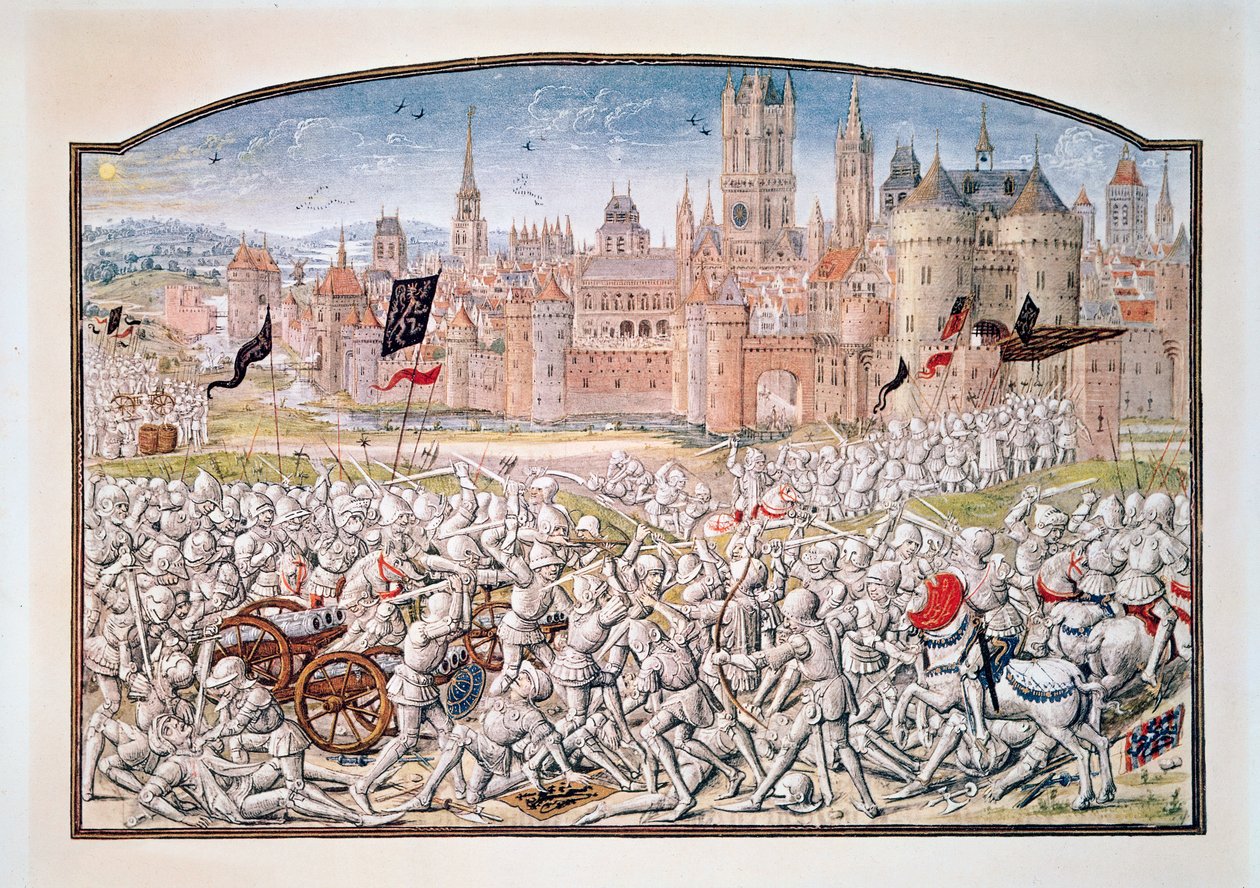 T.2 fol.287 Vitória dos habitantes de Ghent liderados por Philipp van Artevelde (1290-1345) antes de Bruges em 1381, de Froissarts Chronicle, 1472 de French School