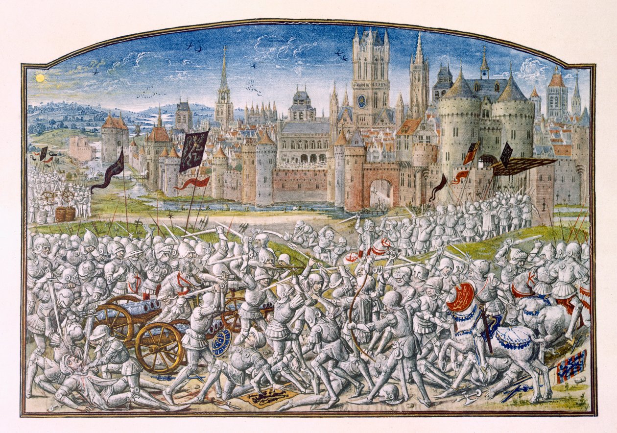 T.2 fol.287 Vitória dos habitantes de Ghent liderados por Philipp van Artevelde antes de Bruges em 1381, de Froissarts Chronicle, 1472 de French School
