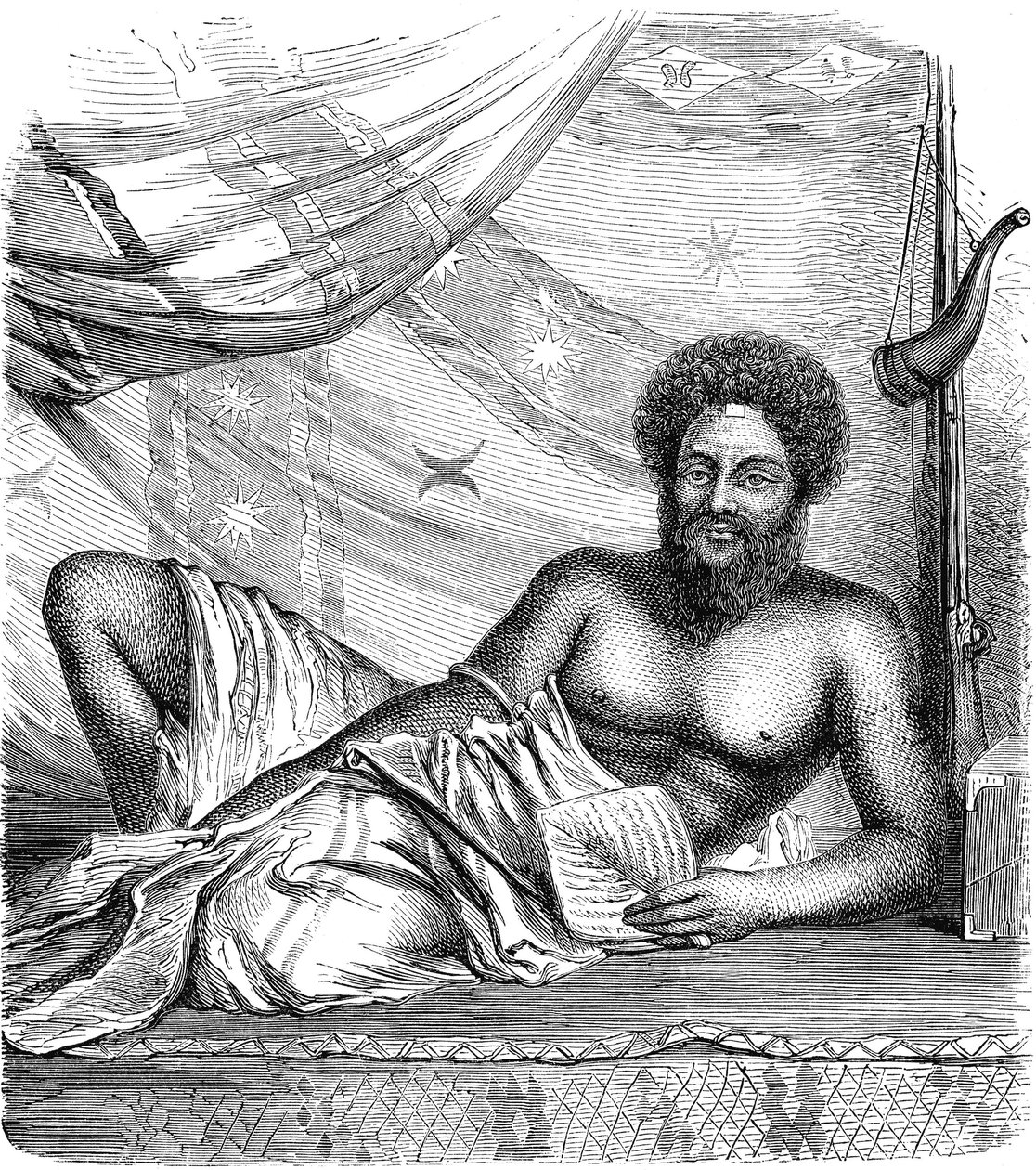 THAKOMBAU, Rei das Ilhas VITI (FIDJI), Oceano Pacífico. Gravura de 1885 de French School