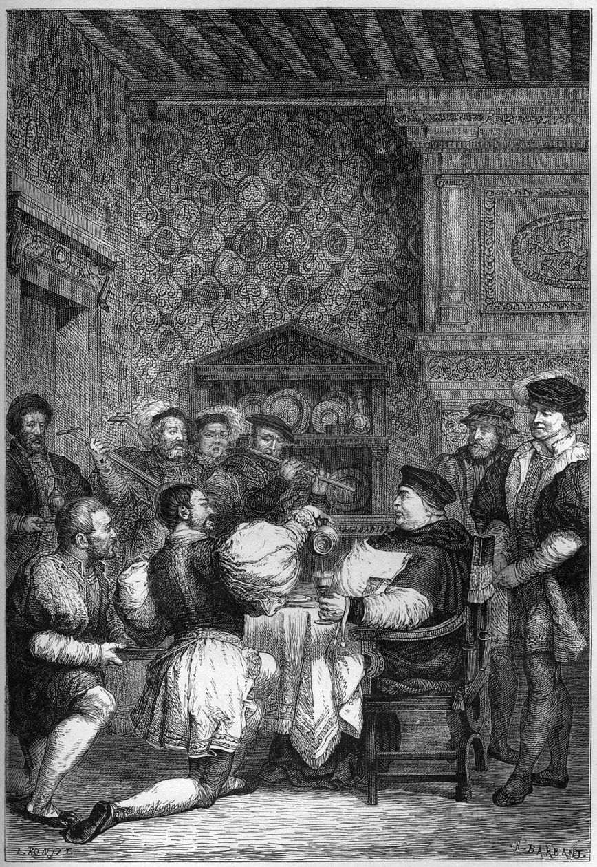 THOMAS CARDINAL WOLSEY (1475? -1530) É SERVIDO NA MESA POR NÚMEROS E CENTRO - THOMAS WOLSEY (1475? -1530) foi servido de joelhos pelos seus homens da mais alta patente - gravura em "L