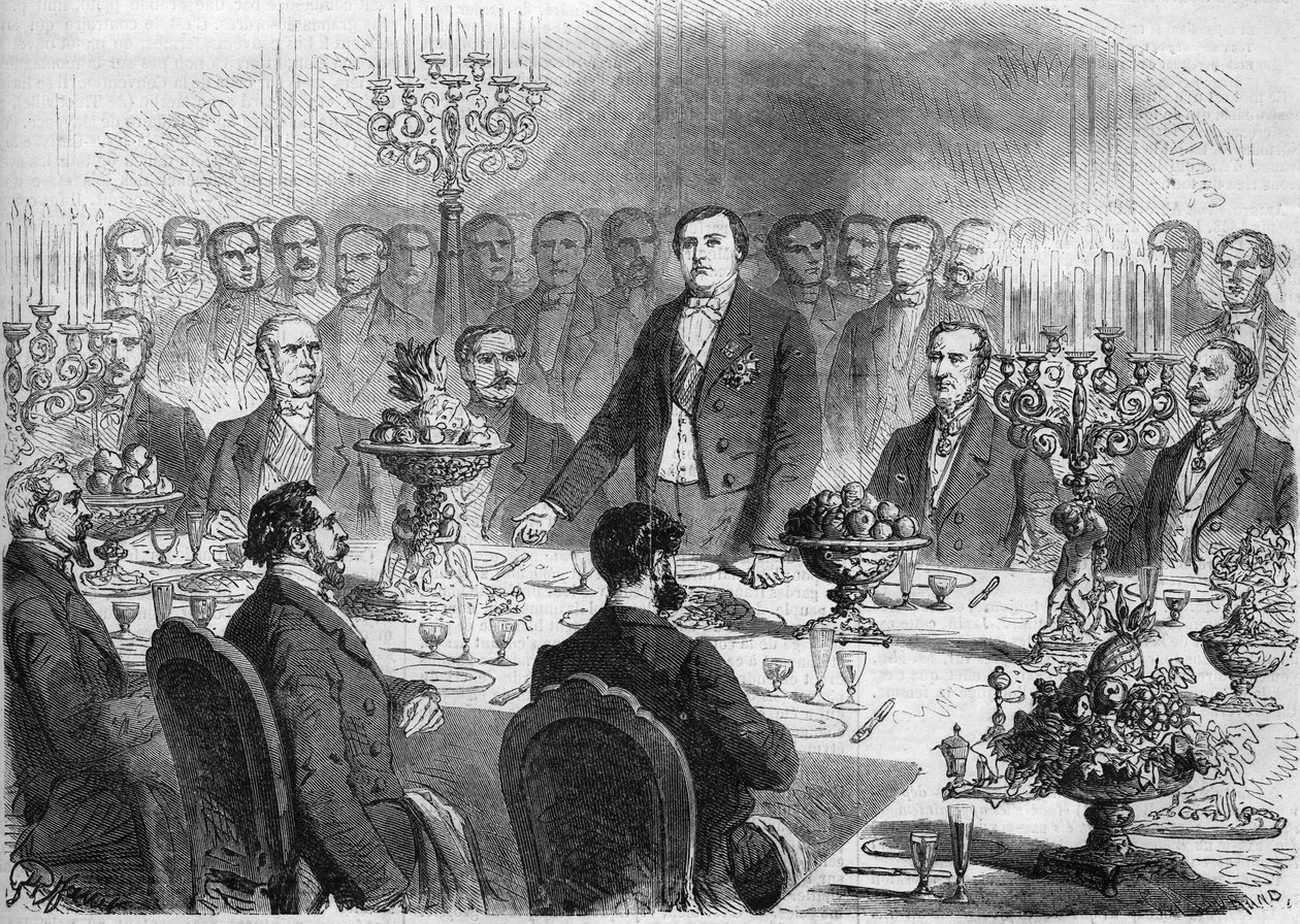 Mesa de honra no banquete oferecido ao M. de Lesseps pelos accionistas do Canal de Suez, a 11 de Fevereiro de 1864, no Palais de l