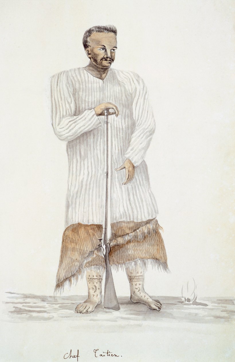 Chefe taitiano, ilustração da Jornada de Louis I Duperrey, de LF Lejeune, pintura de aquarela de French School