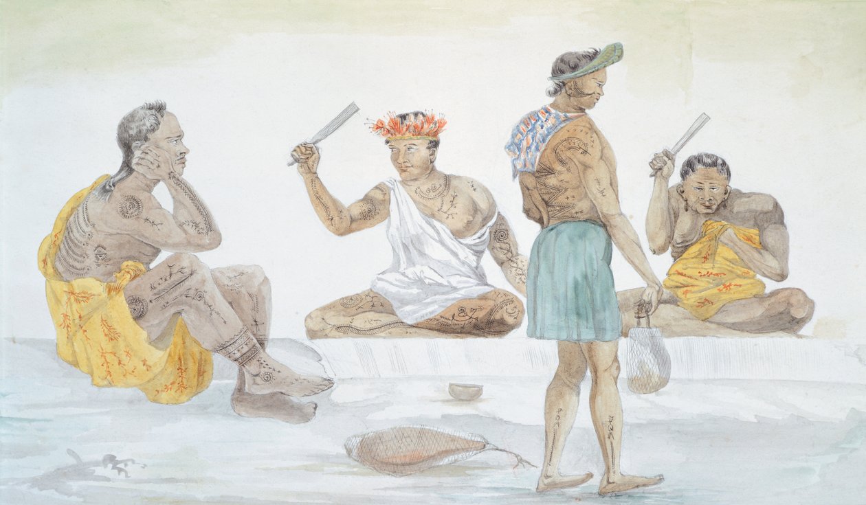 Batedores de pano taitianos, por LF Lejeune da Jornada de Louis I Duperrey (1822-1825), Polinésia do século XIX Aquarela de French School