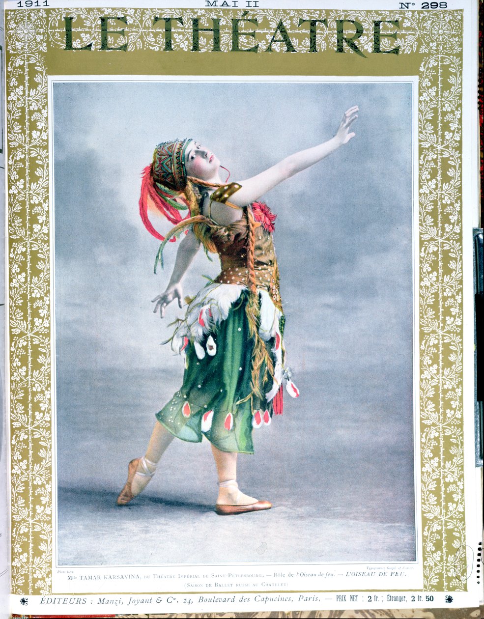 Tamara Platnovna Karsavina (1885-1978) como O Pássaro de Fogo por Igor Stravinsky (1882-1971) da capa da revista Le Theatre, maio de 1911 de French School