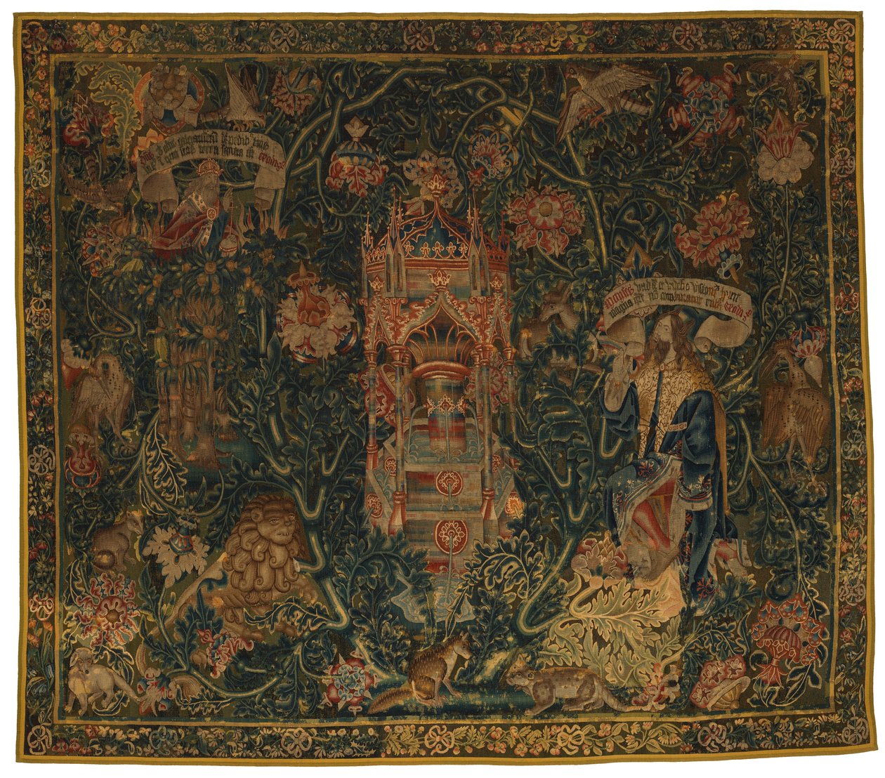 Tapeçaria, Deus Pai Aparecendo a Moisés (uma do conjunto de seis Sibilas compreendendo 46.134 a 46.139) chamada "Tapeçarias Rothamsted", feita em Flandres, Tournei, ou Bruxelas, Bélgica, c.1530 (lã) de French School