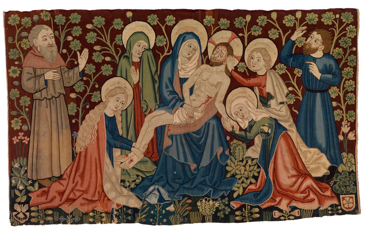 Antepêndio de tapeçaria com Lamentação sobre o Cristo Morto "Pieta", de Estrasburgo, c.1450-60 (lã, seda e possivelmente linho) de French School