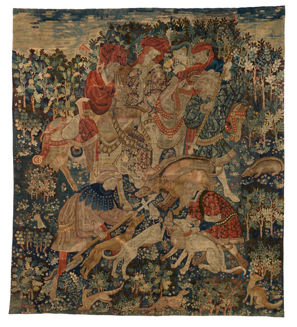 Fragmento de tapeçaria representando uma caça ao javali, de Arras de French School