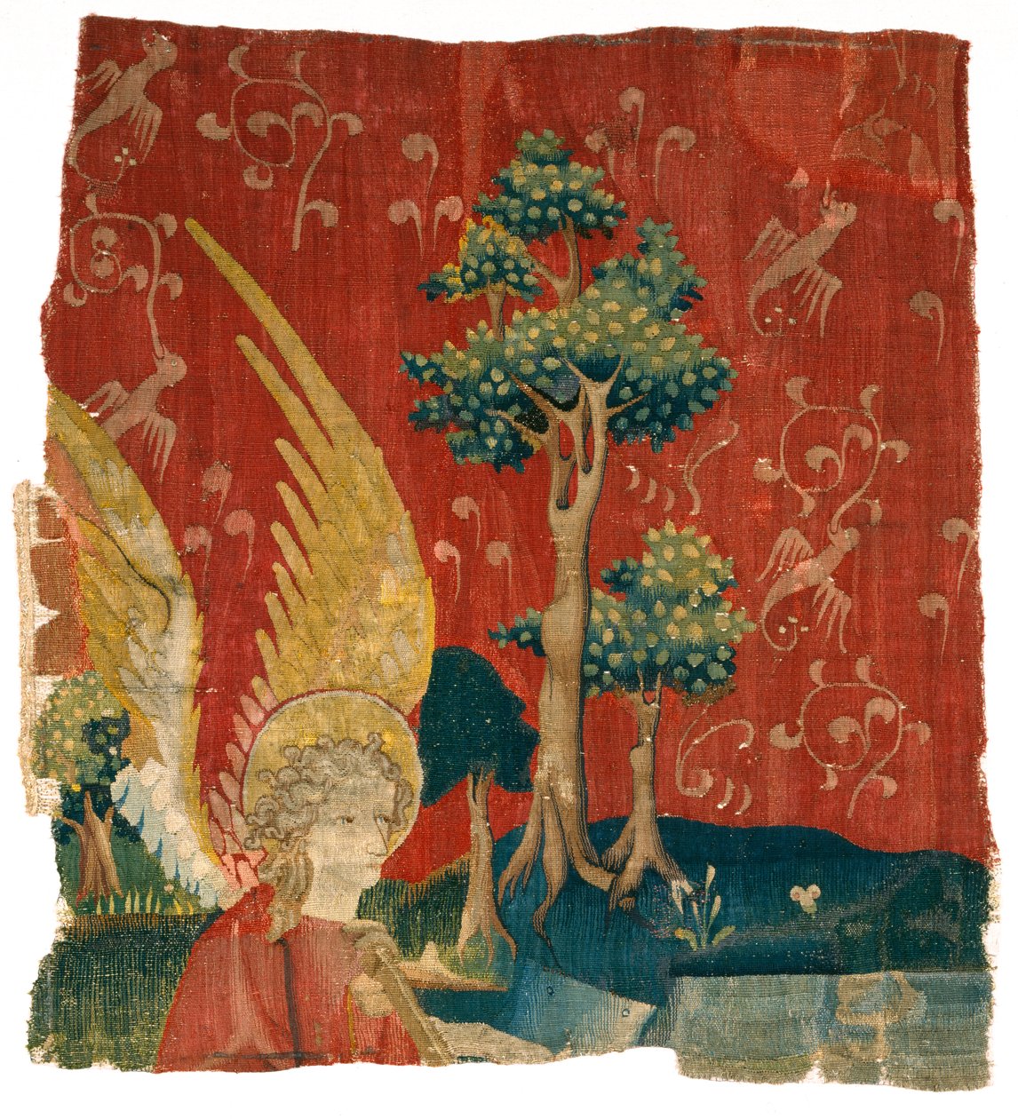 Fragmento de tapeçaria representando um anjo numa paisagem, do Apocalipse de Angers, 3º quartel do século XIV (lã) de French School