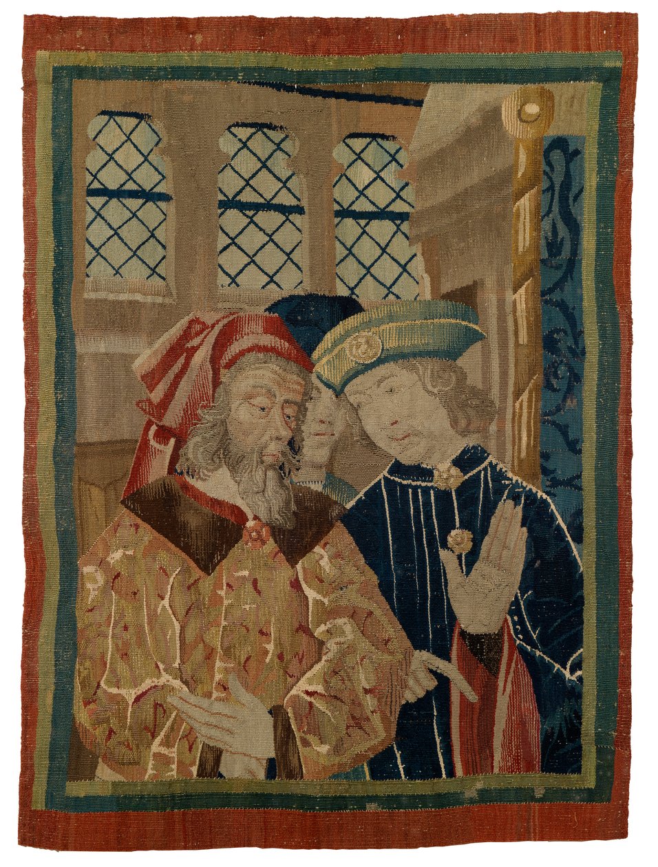 Fragmento de tapeçaria representando três figuras de French School