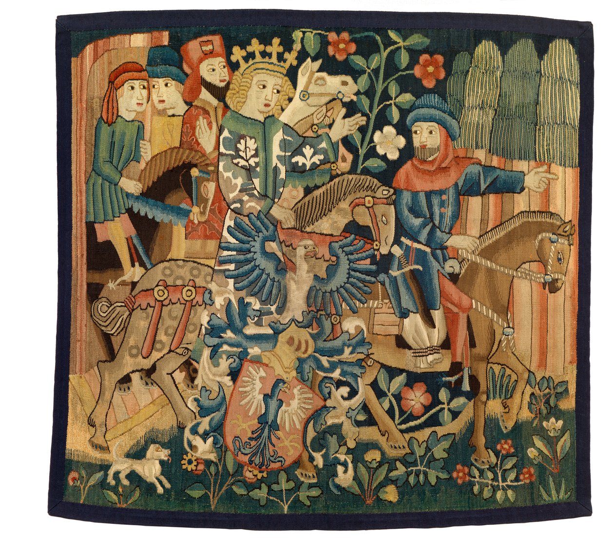 Tapeçaria com A Rainha de França e o Marechal Desleal, ilustrando o poema em alto alemão médio "Die Konigin von Frankreich..... Marshall", possivelmente de Estrasburgo, c.1495-1500 (lã e linho) de French School