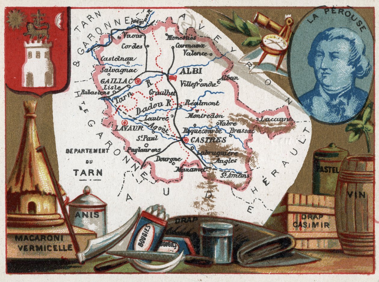 Tarn (81), Midi Pyrenees (Midi-Pyrenees), França. Macarrão e aletria, anis, velas, roupa de cama, pastel e vinho. Retrato de Jean Francois de Galaup, Conde de La Perouse (1741-?) , oficial da marinha. Série sobre os Departamentos franceses. Cromolitografia de French School