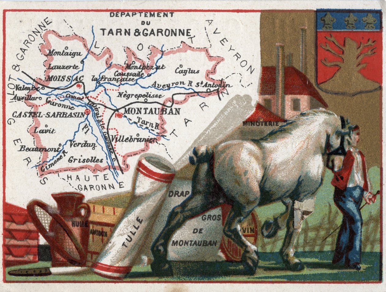 Tarn et Garonne (Tarn-et-Garonne, 82), Midi-Pyrenees (Midi Pyrenees), França. Especialidade local: azeite, amido, tule, folha de Montauban por atacado, moinho de vinho e farinha. Série nos Departamentos franceses. Chromolitografia (Chromo) "o fio geográfic de French School
