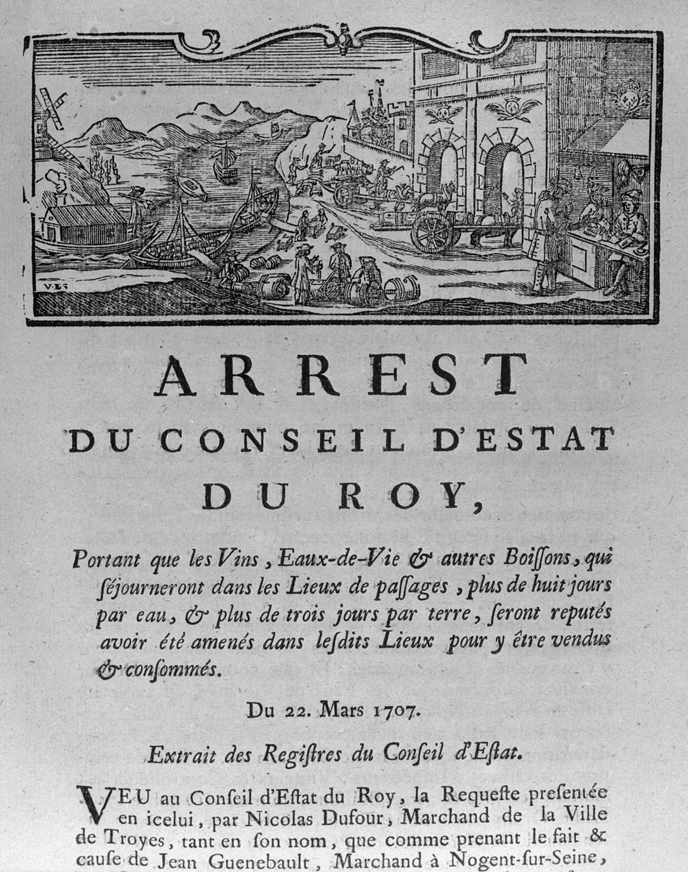 Escritório de Impostos na Entrada de uma Cidade para Vinhos e Espíritos, decreto do Conselho de Estado 22 de março de 1707, dos Registros do Conselho de Estado de Paris, 1739 (ver 163952 para de French School