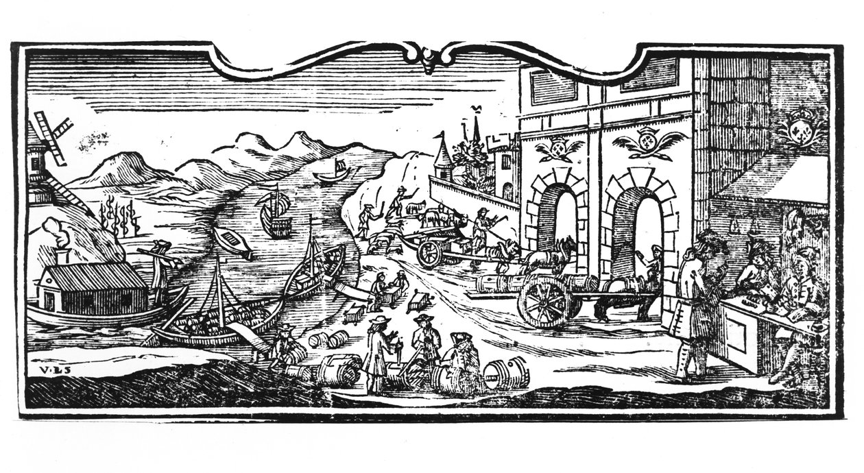Escritório de Impostos na Entrada de uma Cidade para Vinhos e Espíritos, decreto do Conselho de Estado 22 de março de 1707, de Registros do Conselho de Estado de Paris, 1739 (detalhe) (ver um de French School