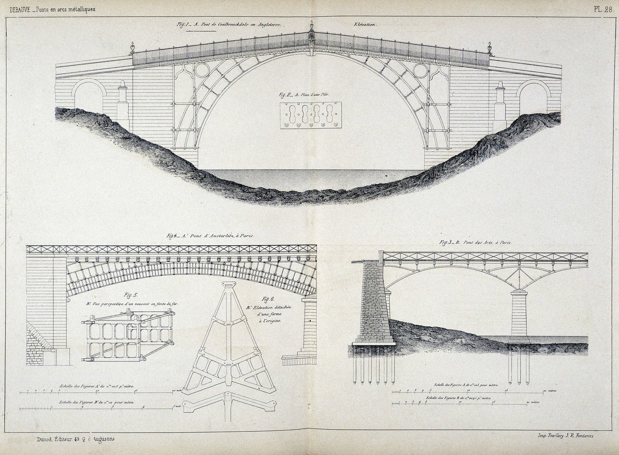 Desenhos técnicos das pontes Ironbridge em Coalbrookdale (1779, Inglaterra), Austerlitz e Arts em Paris, tirados do "Manuel de l